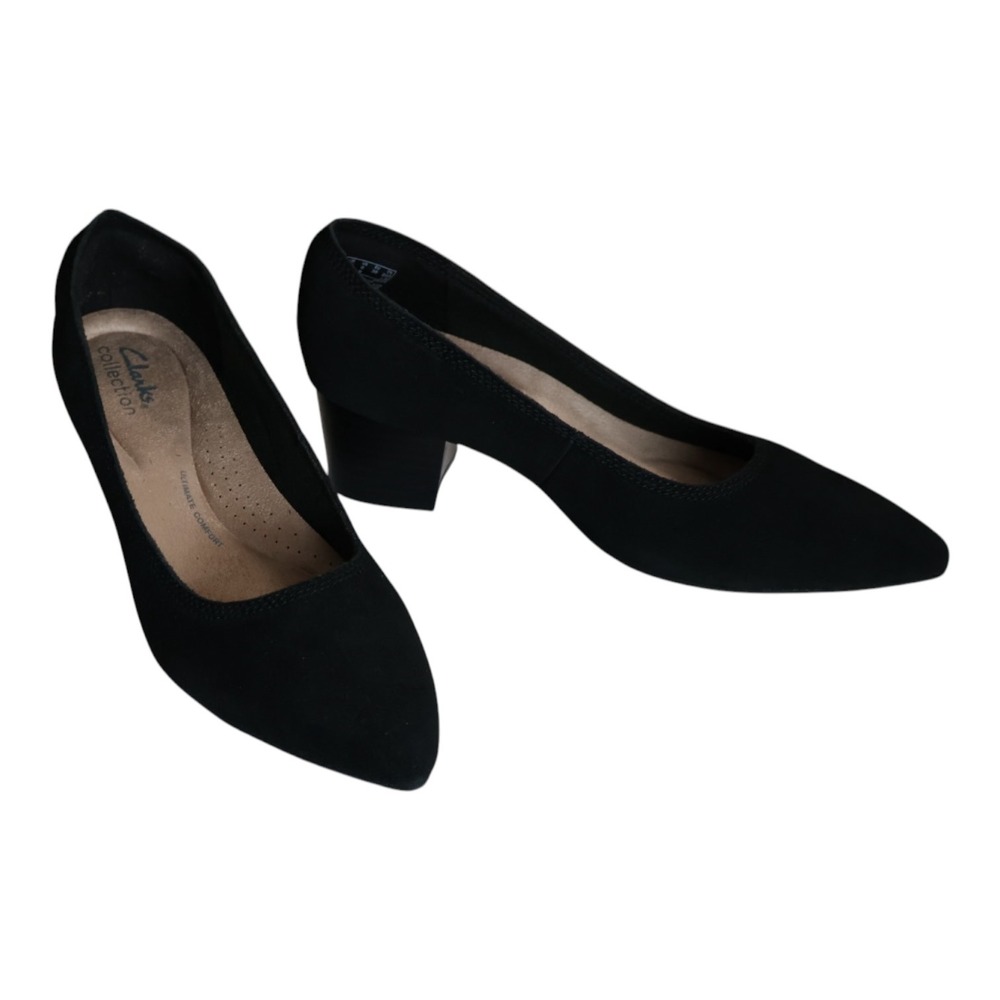 Black Suede Pointed Toe Low Block Heel Pumps Slip On Clarks Ellanie Hope 6 M
